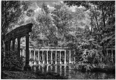 パリ、モンソー公園の楕円形の水盤を囲むコリント式の柱廊 作： French School