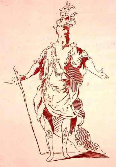 川の神」の衣装デザイン、Menus Plaisirsコレクションより、A. Guillaumot Filsによるファクシミリ、1750年頃（カラーリトグラフ 作： French School