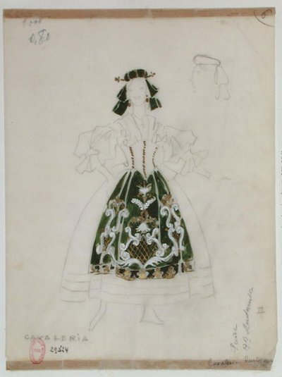 オペラカヴァレリアルスティカーナの衣装デザイン、ピエトロマスカーニ（1863-1945）（紙に鉛筆とトイレ） 作： French School