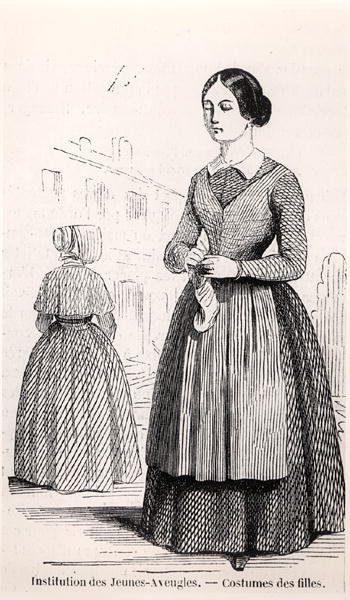 1852年に出版されたエドモン・テクシエの「パリの絵」に描かれた盲学校の少女たちの衣装（エングレービング）（モノクロ写真 作： French School