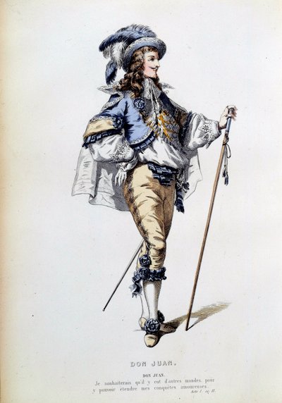Jean Baptiste Poquelin dit Moliere（1622-1673）の同名作品の第1幕第2場のドン・ファンの衣装。19世紀のパリのコメディ・フランセーズのエングレーヴィング 作： French School