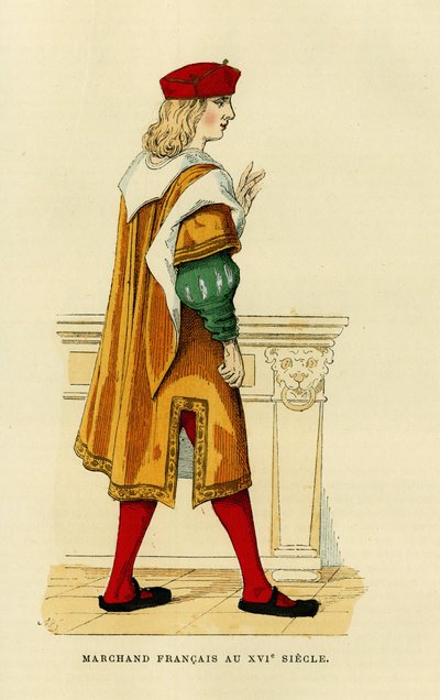 17世紀のフランス商人の衣装。オーギュスタン・シャラメルの「France et les francais a travers les centuries」（F.Roy編集、パリ、1882年）所収のカラー・エングレーヴィング。セルヴァ・コレクション。 作： French School