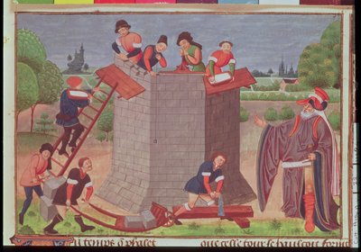 Cott Aug V fol.22 バベルの塔の建設、「Le Tresor des Histoires」のミニチュア (ベラム) 作： French School
