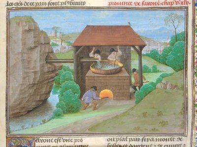 コットン アウグストゥス 5 世、f.363 鍋と炉のある塩小屋、「Le Tresor des Histoires...」のイラスト（ベラム） 作： French School