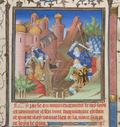 コットン ネロ E II pt.1、f.222、「ルイ 7 世とその父の戦い」、「Grandes Chroniques de France」より 作： French School