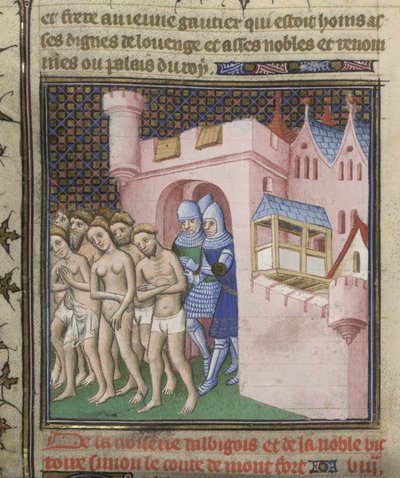 Cotton Nero E. II pt.2、f.20v 1209年のカルカソンからのアルビジョア人の追放、「Grandes Chroniques de France」、1415年頃（紙にインク、色、金） 作： French School