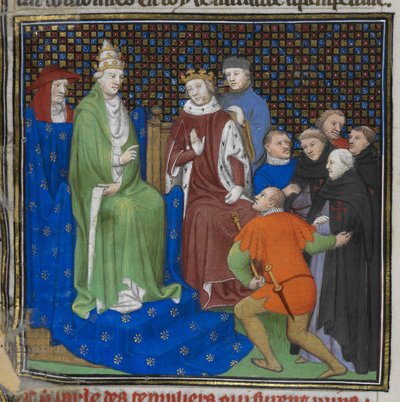 Cotton Nero E II pt2 fol.100v フィリップ 4 世 (1268-1314) と教皇クレメンス 5 世 (c.1260-1320) の前のテンプル騎士団、「Grandes Chroniques de France」 (ベラム) より 作： French School