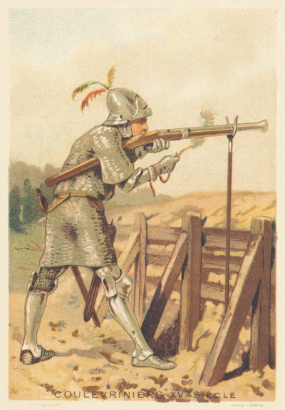 15世紀のクレヴリーニェ（徒歩または馬に乗った戦争の男、手に蛇の武器を持つ 作： French School