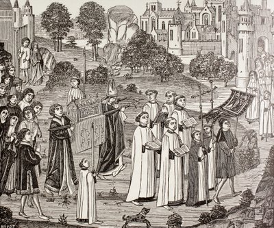 セント・ベロニカの遺体を背負ったレニエ伯爵、ポール・ラクロワの 『中世の軍事と宗教生活』から、モンスの聖ウォードル教会まで、ロンドンc.1880を出版 作： French School