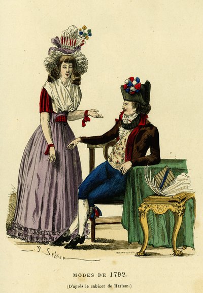1792年に流行したカップル。1882年にパリで出版されたAugustin Challamel, F.Roy編集の「France et les francais a travers les siecles」に掲載されているハーレムのキャビネットの図面に基づくカラー・エングレーヴィング。セルバ・コレクション。 作： French School