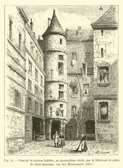 14世紀に人の肉から作られたパスタの製造業者、rue des Marmousets、1850年に居住した家の中庭 作： French School
