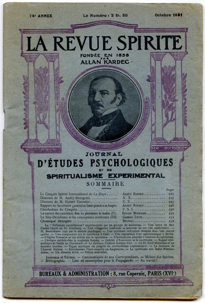 数々の「Larevuespirite」の表紙、創設者のアラン・カルデックの肖像、1931年10月の雑誌 作： French School