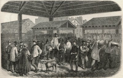 パリ1区プルーヴェール通りの市場でのクリー族の肉屋の肉 - Edmond Texier 1852年の "Tableau-de-Paris "のエングレーヴィング。 作： French School