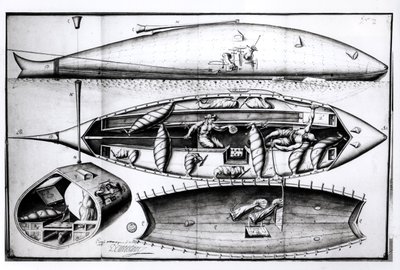 潜水艦の断面、1689年3月の原稿より 作： French School