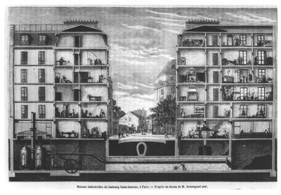 パリのFaubourg Saint-Antoineの工業用住宅の断面図、Le Magasin Pittoresque、1885年の図 作： French School