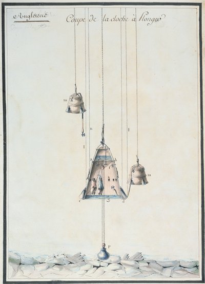 ダイビングベルの断面図、1785年（紙にトイレ） 作： French School