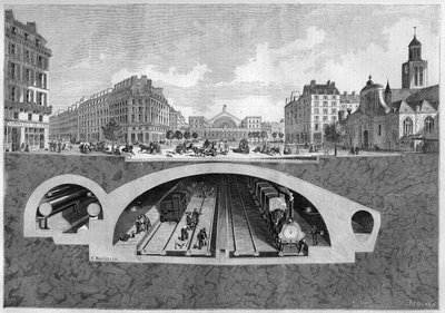 1861年にパリで行われたヴィレットから中央ホールまでの地下鉄道計画を表す断面図。1861年5月11日付「Le Monde Illustré」213号に掲載された図版。 作： French School