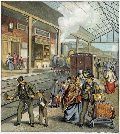 イギリスの鉄道駅の岸壁にいる群衆 作： French School