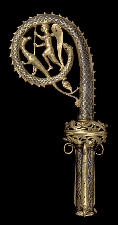 St. Michael Vanquishing the Dragon、Limoges、c.1220-30を描いたCrozierの頭（銅、シャンプル、エナメル、金箔） 作： French School
