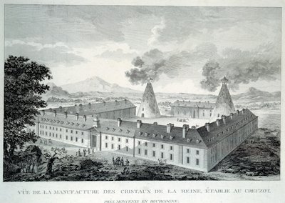 ブルゴーニュ地方のモンセニ近くのクルーゾーにある王妃マリー・アントワネットのクリスタル作品。1787年のエングレーヴィング。ル・クルーゾー、エコミューゼ 作： French School