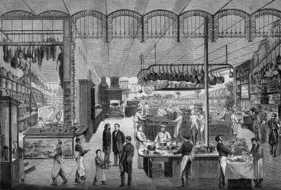 1866年、パリのカフェ・リッシュの厨房で働く料理人とウェイターたち。1866年11月3日付の「Le Monde Illustre」499号に掲載された図版。 作： French School