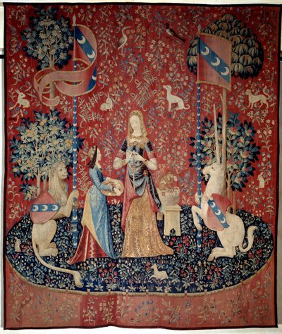 ユニコーンへの淑女のカーテン（Lady to the Unicorn）：匂いのアレゴリー。カーネーションの冠を手にした若い女性が、ライオン、ユニコーン、猿、ウサギに囲まれている。1484年から1500年にかけて制作された羊毛と絹のタペストリー。ブサック城で制作されました。 作： French School
