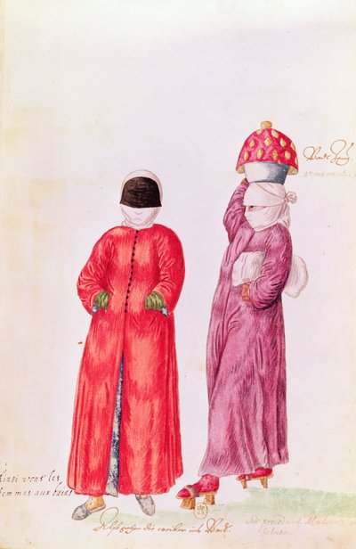 東の国の風習と衣装、服装のさまざまな状態-入浴する女性、1513年（カラー彫刻） 作： French School