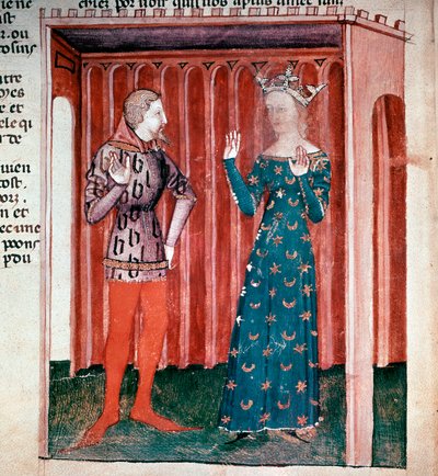 アーサー王のサイクル。騎士ランスロット・デュ・ラックと王妃グイニエール。La quete du saint grail" (ms. fr 343 fol. 6) 1380-1385 Paris B.N.からのミニチュア。 作： French School
