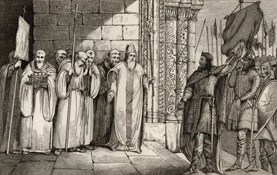 ダゴベール（603-39）コラートの「ヒストワールドパリ」から、セントデニスで旗を下ろす、1840年頃出版 作： French School