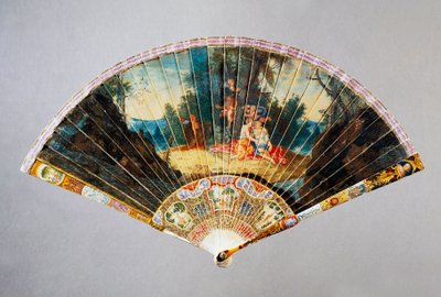 ダメージを受けたヴェルニ・マルタン風ハンドファン（Gallant feastを描いたスワン・レザーとペイントされたアイボリーのガードスティック付き 作： French School