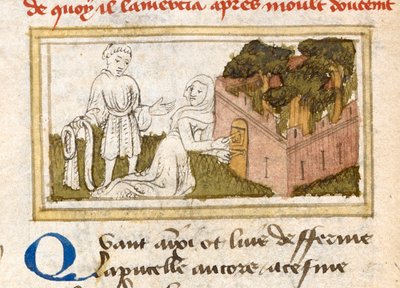 「ル・ロマン・ド・ラ・ローズ」より、喜びの庭のドアから恋人を認めるオワーズ夫人 c. 1400。 作： French School