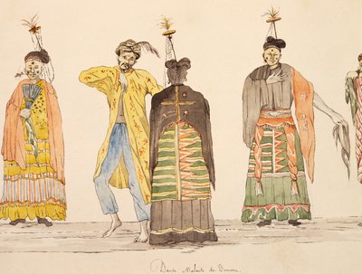 モルッカ諸島のブル島に伝わるダンス ジュール＝ルイ・ルジューヌの水彩画 「世界一周の船旅」より 作： French School