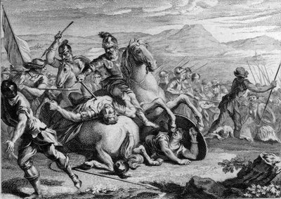 アラリック2世の死、507年507年、ヴイユの戦いで西ゴート族の王アラリック2世（484-507）を殺害するフランク族の王クローヴィス1世（465-511）。18世紀のエングレーヴィング。 作： French School