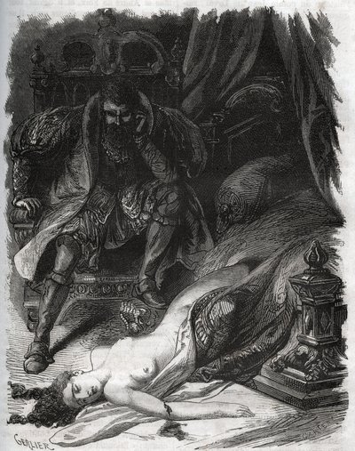 シャトーブリアン伯爵夫人フランソワーズ・ド・フォワ（1495年頃～1537年）の死。夫のジャン・ド・ラヴァル シャトーブリアン伯爵（1486年～1543年）に暗殺されたもので、彼は妻の不貞に復讐したのです。Histoire Des」に掲載されている1871年のエングレーヴィング。 作： French School