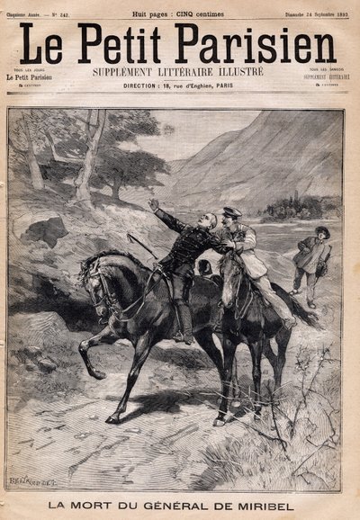 マリ・ジョセフ・フランソワ・ドゥ・ミリベル将軍（1831-1893）の死は、アルプスの視察から戻ってきたときに、脳卒中の危機に陥ったことによる。1893年9月24日の新聞「Le Petit Parisien」に掲載されたもの。 作： French School