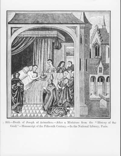 セントグラールの歴史からのアリマテアのジョセフの死、中世の科学と文学およびルネサンスのイラスト、1878年のポールラクロワによって書かれ彫刻された（ 作： French School