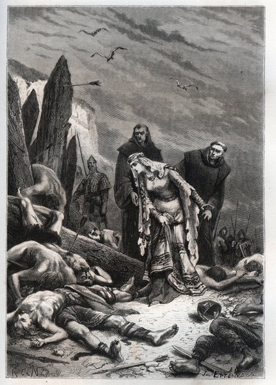 1066年のヘイスティングスの戦いにおけるハロルド2世（1022-1066）の死-エディス・ラ・ジュスト（1025-1086）として知られるエディス・スワンネシャ（スワンネック）が夫の遺体を発見-エアルドギース（公正なエディスまたはエディス・スワンネシャル）がハロルド・ゴドウィの遺体を発見 作： French School