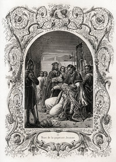 ジャンヌ教皇の死（855年から858年まで）。モーリス・ラシャトル(1814-1900)による教皇史の挿絵用エングレーヴィング。 作： French School