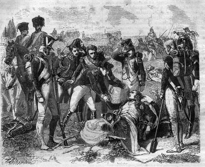 エスリングにおける帝国の牧童ジャン・ランヌ（1769-1809）の死。モーリス・ラシャトレ著「Histoire des Papes-Rois-Queen and Empereurs a travers les centuries」に掲載されている版画。 作： French School