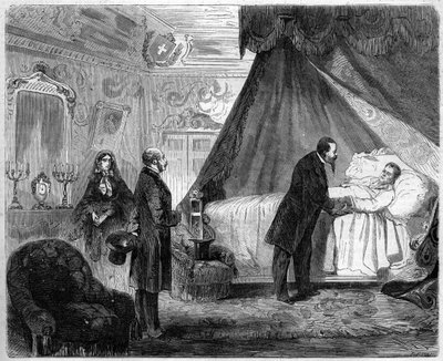 カヴール伯爵の死、1861年6月6日。イタリア国王ヴィクトル・エマニュエル2世（Victor-Emmanuel）（Vittorio Emanuele）（1820-1878）は、カヴール伯爵（1810-1861）の死の前日にカミッロ・ベンソを訪問している。6月15日付「Le Monde Illustré」218号に掲載されたエングレーヴィング 作： French School