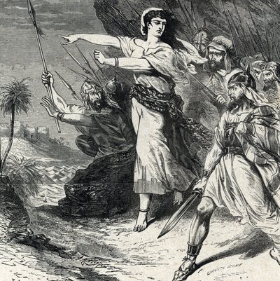 Débora lidera o povo de Israel oprimido por Jabim, o rei de Canaã, para lutar. Gravura da 