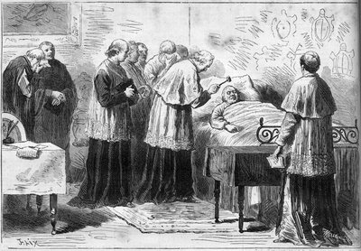 教皇ピウス9世（ピオ）（1792-1878）の断頭台：教皇の死を認識する儀式。枢機卿が銀のハンマーで故人の額を叩く。1878年2月16日付「Le Monde Illustré」1089号に掲載されたエングレーヴィング。 作： French School