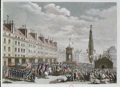 1791年9月、憲法宣言、パリ、イノセント広場、パリ（カラー彫刻） 作： French School
