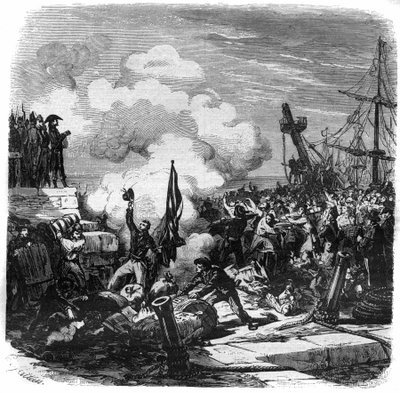 1806年11月にベルリン宣言によって開始されたイギリスに対する大陸封鎖の宣言。ナポレオン1世ボナパルト・ナポレオンの依頼により、ヨーロッパの他の国々との交易を妨げることでイギリスを破滅させようとしたのです。のエングレービング 作： French School