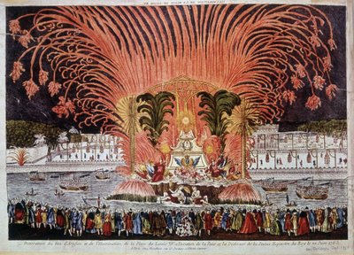 1763年6月22日の平和と王の騎馬像の奉納の際のルイ15世広場の花火とイルミネーションの装飾 作： French School