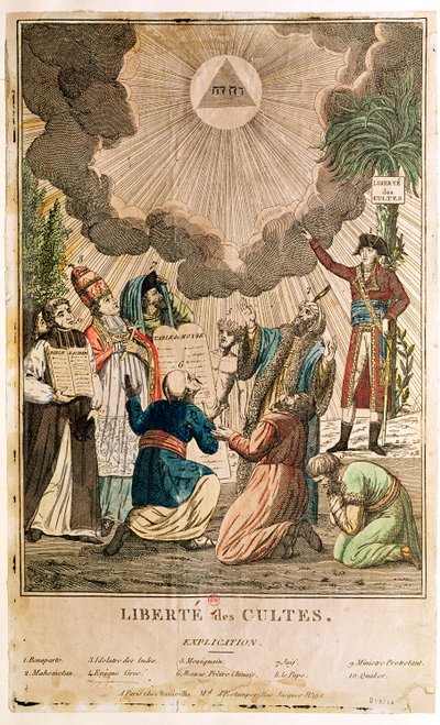 1799年11月、崇拝の自由を定める法令（色付きの彫刻） 作： French School