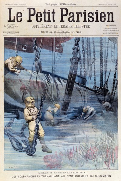 1905年7月23日、ルプティパリジャンからファーファデを上げようとする深海ダイバー 作： French School