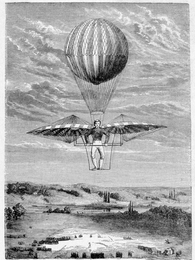 1812年にDeghen（デゲン）が開発したエアロスタッツの方向転換装置-1896年の「科学のアルバム；著名な科学者；偉大な発見」に掲載。 作： French School