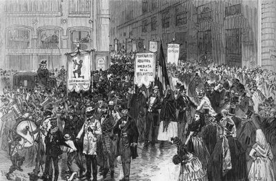 1873年にマドリードで行われた、スペイン植民地での奴隷制廃止を求めるデモ。 作： French School