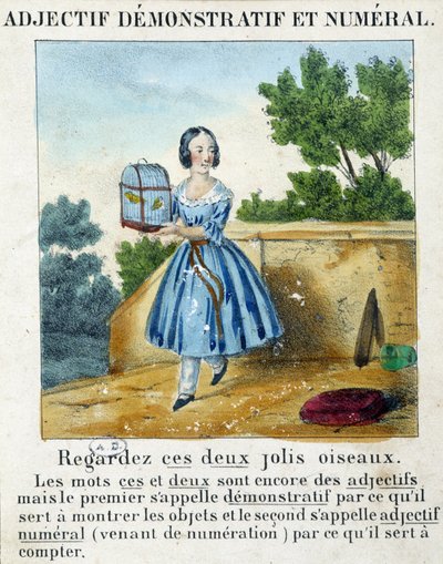 指示形と数値形容詞（2羽の鳥を入れたケージを運ぶ少女） - "La grammaire en images "にて 作： French School